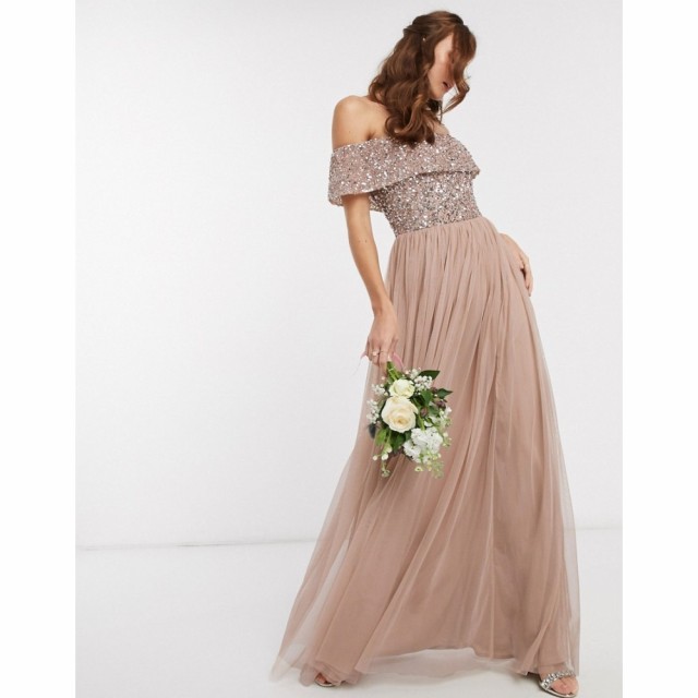 マヤ Maya レディース パーティードレス マキシ丈 Bridesmaid Bardot Maxi Tulle Dress With Tonal Delicate Sequins In Taupe Blush ト