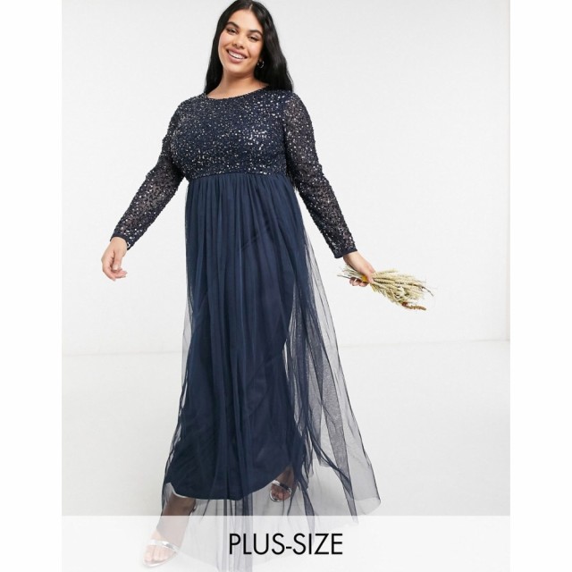 マヤ Maya Plus レディース パーティードレス マキシ丈 Bridesmaid Long Sleeve Maxi Tulle Dress With Tonal Delicate Sequins In Navy