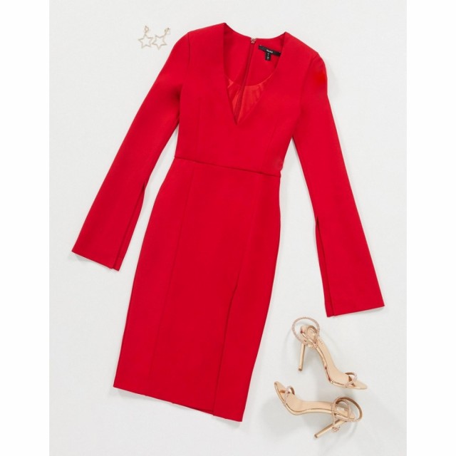 AQAQ レディース ワンピース Vネック スリットワンピース ワンピース・ドレス V Neck Dress With Slit Deail In Red レッド