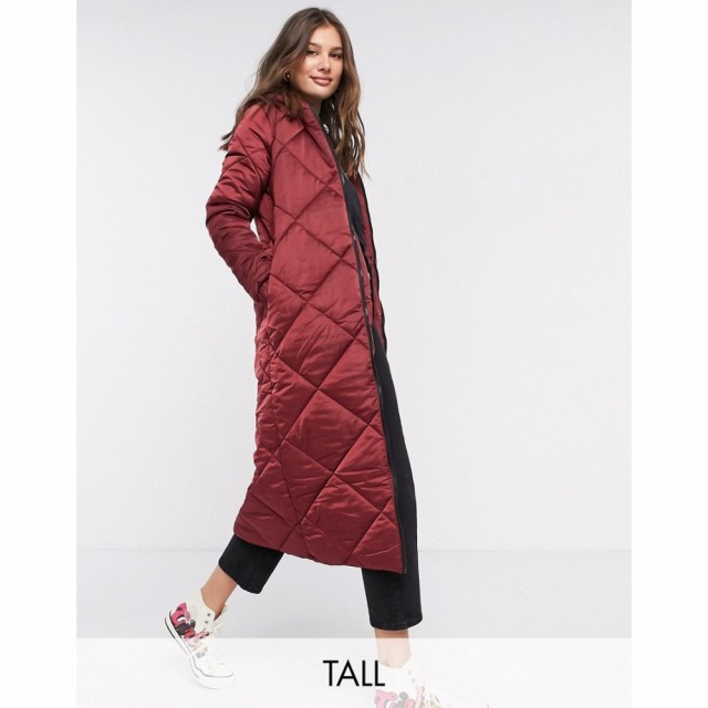 ブレイブソウル Brave Soul Tall レディース ダウン・中綿ジャケット ロング アウター Jaz Satin Longline Puffer Jacket In Dark Red バ