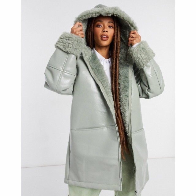 エイソス ASOS DESIGN レディース コート アウター Leather Look Parka With Borg Lining In Sage セージ