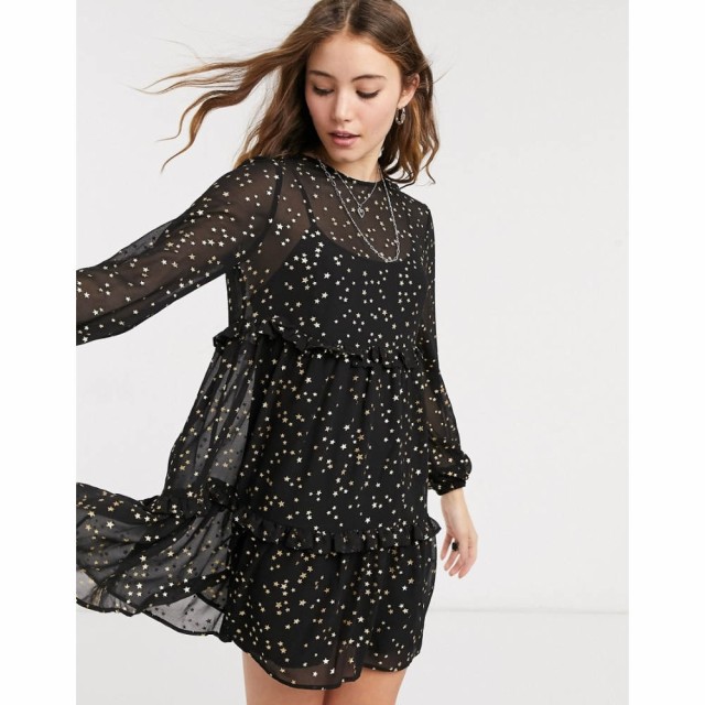 エイソス ASOS DESIGN レディース ワンピース Ａライン ワンピース・ドレス Tiered Mini Smock Dress In Black Metallic Star