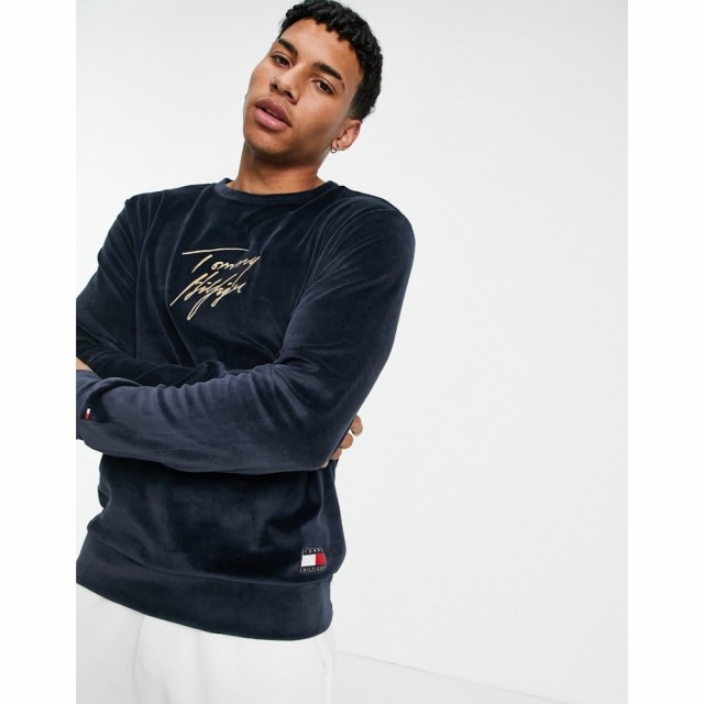 トミー ヒルフィガー Tommy Hilfiger メンズ スウェット・トレーナー トップス Lounge Velour Sweatshirt In Navy With Gold Script Logo