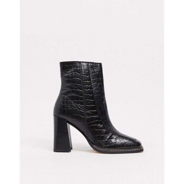 リバーアイランド River Island レディース ブーツ スクエアトゥ シューズ・靴 Croc Square Toe Heeled Boot In Black ブラック