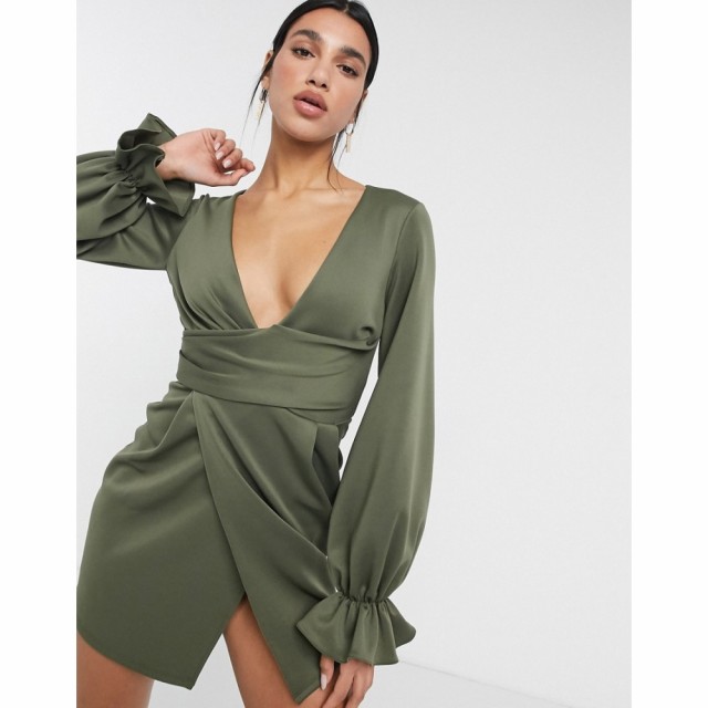 エイソス ASOS DESIGN レディース ワンピース ラップドレス ミニ丈 ワンピース・ドレス Wrap Plunge Mini Dress With Flute Sleeve In Kh