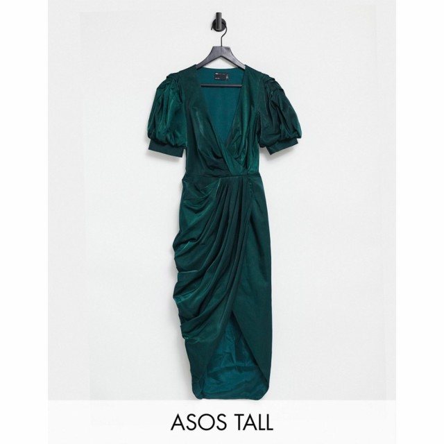 エイソス ASOS Tall レディース ワンピース ラップドレス ミドル丈 Tall Structured Drape Wrap Midi Dress With Puff Sleeve Detail フ