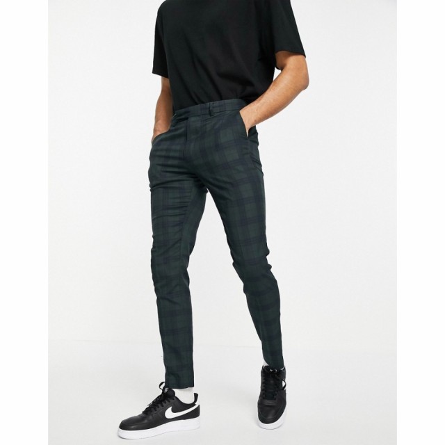 エイソス ASOS DESIGN メンズ スラックス スキニー ボトムス・パンツ Skinny Suit Trousers In Tonal Green And Navy Check グリーン