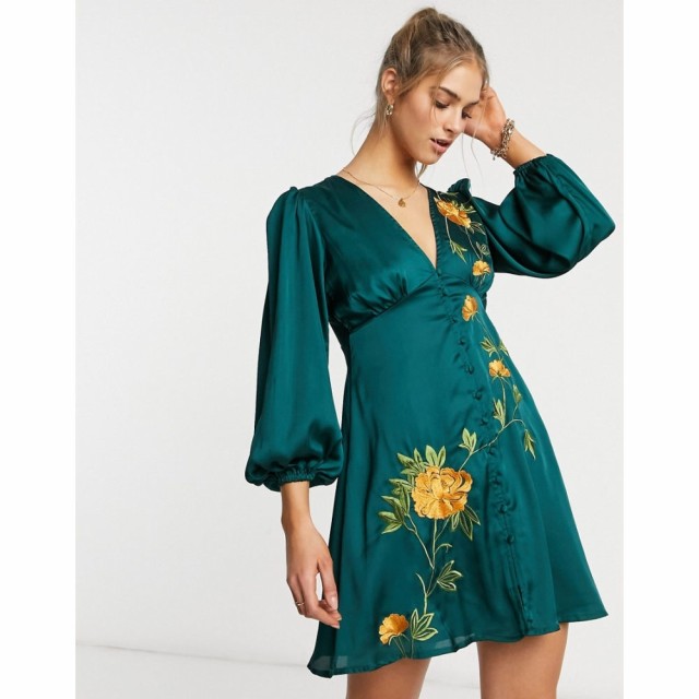 エイソス ASOS DESIGN レディース ワンピース ミニ丈 ワンピース・ドレス Button Through Satin Mini Tea Dress With Trailing Embroider