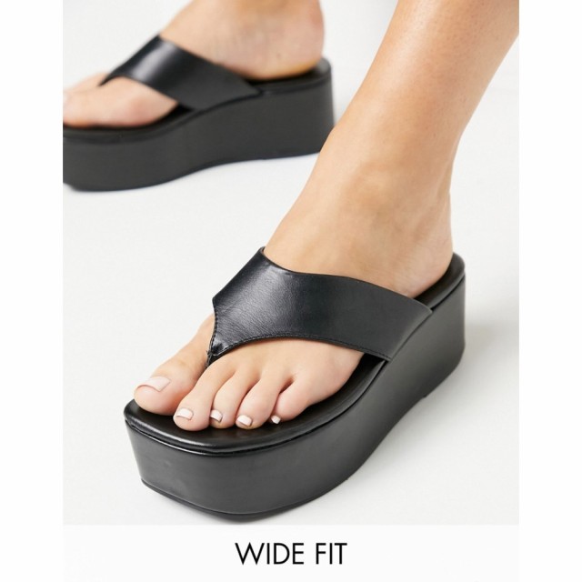 エイソス ASOS DESIGN レディース サンダル・ミュール ビーチサンダル シューズ・靴 Wide Fit Watch Toe Thong Flatforms In Black ブラ