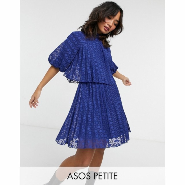 エイソス ASOS Petite レディース ワンピース ミニ丈 Petite High Neck Pleated Double Layer Mini Dress In Chevron Dobby In Navy ネイ