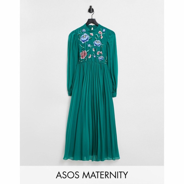 エイソス ASOS Maternity レディース ワンピース Maternity High Neck Pleated Long Sleeve Skater Midi Dress With Embroidery In Fores