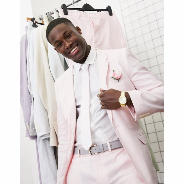 エイソス ASOS DESIGN メンズ スーツ・ジャケット アウター Skinny Wedding Suit Jacket In Pastel Pink Linen Mix パステルピンク