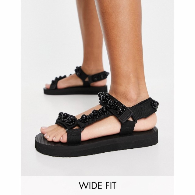 グラマラスワイドフィット Glamorous Wide Fit レディース サンダル・ミュール シューズ・靴 Sporty Sandals With Pearl Detail In Black