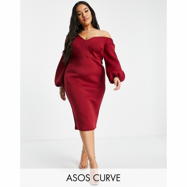 エイソス ASOS Curve レディース ワンピース ミドル丈 ワンピース・ドレス Curve Fallen Shoulder Midi Dress With Balloon Sleeve In Wi