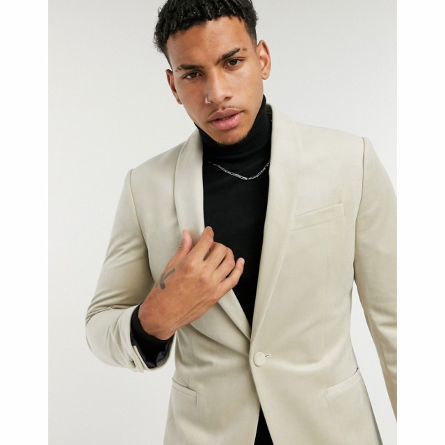 トップマン Topman メンズ スーツ・ジャケット タキシード アウター Skinny Single Breasted Tuxedo Jacket In Off White Velvet エクリ