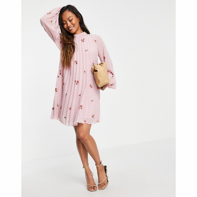 エイソス ASOS DESIGN レディース ワンピース ミニ丈 ワンピース・ドレス Pleated Trapeze Mini Dress With All Over Embroidery In Pink