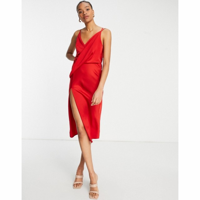 エイソス ASOS DESIGN レディース ワンピース Drape Front Midi Slip Dress With Wrap Skirt In Red