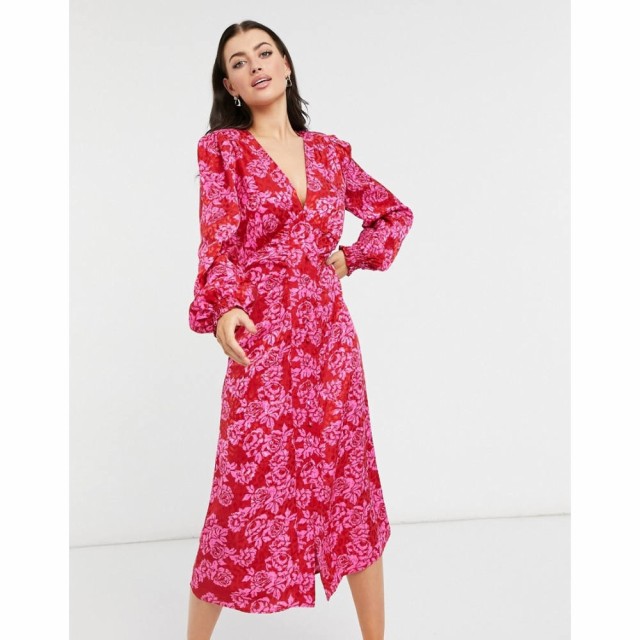 リバーアイランド River Island レディース ワンピース ミドル丈 ワンピース・ドレス Shoulder Pad Floral Midi Dress In Pink ピンクプ