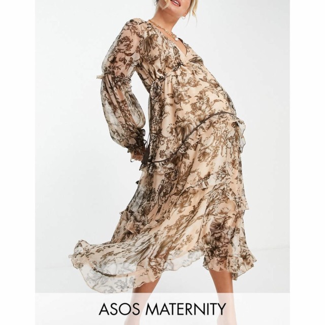 エイソス ASOS Maternity レディース ワンピース マタニティウェア Ａライン Maternity Ruched Tiered Midi Dress In Floral Print With