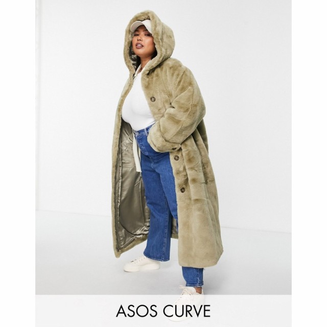 エイソス ASOS Curve レディース コート フード マキシ丈 アウター Curve Hooded Faux Fur Maxi Coat In Sage セージ