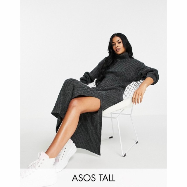 エイソス ASOS Tall レディース ワンピース ミドル丈 ワンピース・ドレス Tall Ribbed Midi Dress With Cowl Neck In Dark Grey チャコー