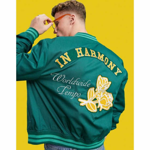 エイソス ASOS DESIGN メンズ ブルゾン ミリタリージャケット アウター Varsity Bomber Jacket In Green With Embroidery Badging グリー