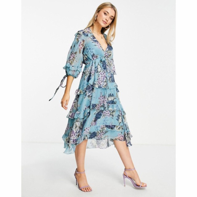 エイソス ASOS DESIGN レディース ワンピース ワンピース・ドレス Layered Smock Midi Dress With Tie Detail In Floral Print マルチカ