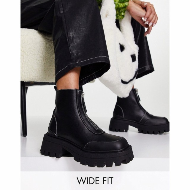 エイソス ASOS DESIGN レディース ブーツ スクエアトゥ シューズ・靴 Wide Fit Autumn Square Toe Front Zip Boots In Black ブラック