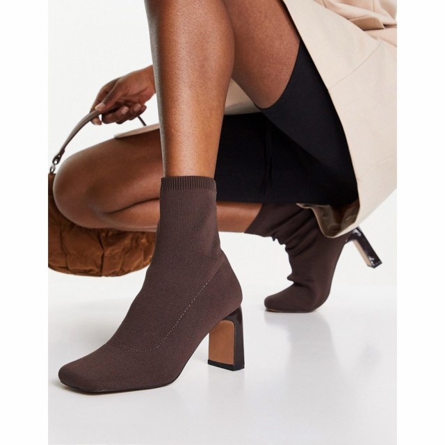 エイソス ASOS DESIGN レディース ブーツ スクエアトゥ シューズ・靴 Result Square Toe Sock Boots In Brown ブラウン