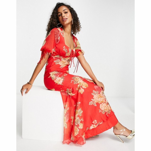 エイソス ASOS DESIGN レディース ワンピース マキシ丈 Maxi Tea Dress With Bias Cut Panels And Tie Details In Red Floral レッドフロ