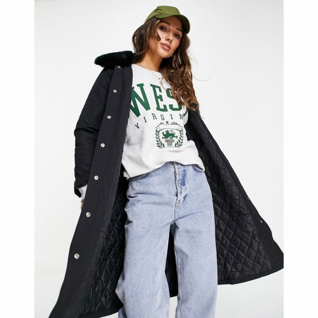 ファッションユニオン Fashion Union レディース ダウン・中綿ジャケット アウター Puffer Coat With Faux Fur Trim And Belt ブラック