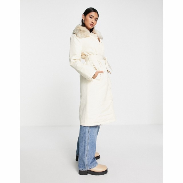 ファッションユニオン Fashion Union レディース ダウン・中綿ジャケット アウター Puffer Coat With Faux Fur Trim And Belt クリーム