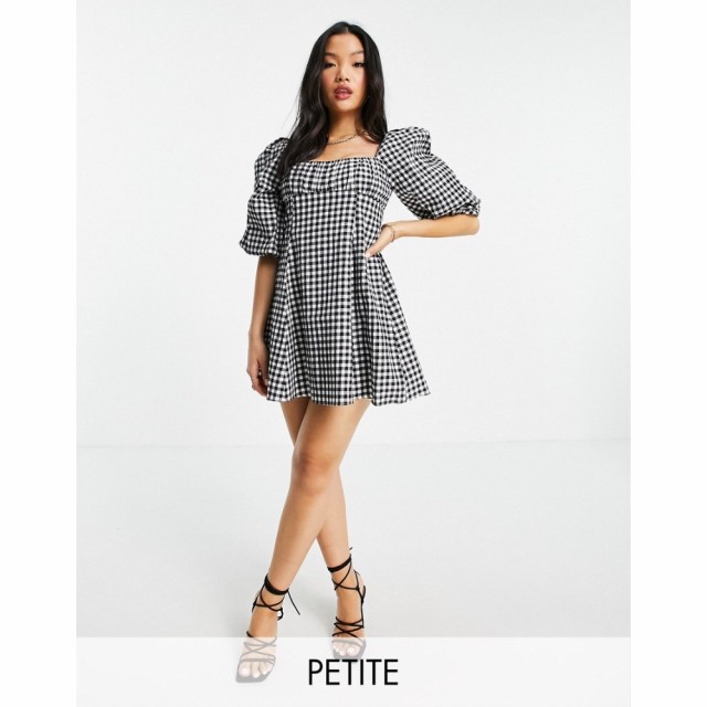 フォーエバーニュー Forever New Petite レディース ワンピース ミニ丈 Oversized Sleeve Ruched Smock Mini Dress In Mono Gingham モノ