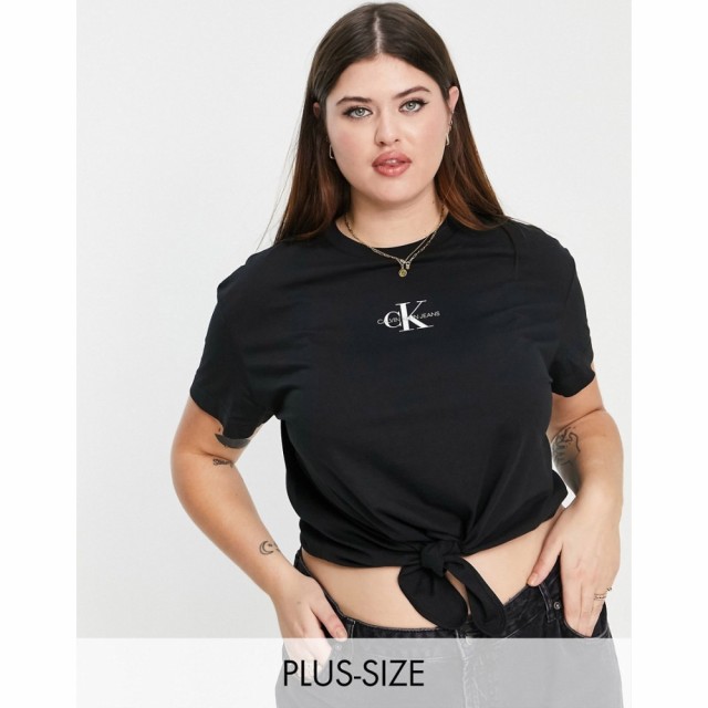 カルバンクライン Calvin Klein Jeans Plus レディース Tシャツ ロゴTシャツ トップス Icon Logo Knotted Tee In Black ブライトホワイト