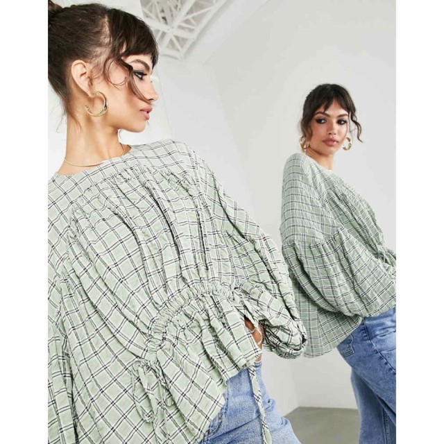 エイソス ASOS EDITION レディース トップス Smock Top With Gathered Detail In Green Check マルチカラー