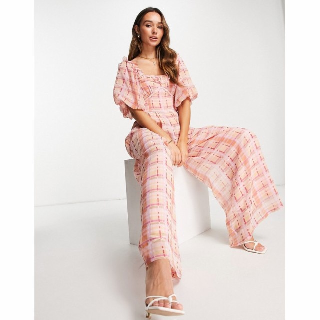 エイソス ASOS DESIGN レディース オールインワン ジャンプスーツ ワンピース・ドレス Tumbled Poly Check Frill Neck Jumpsuit ピンクチ