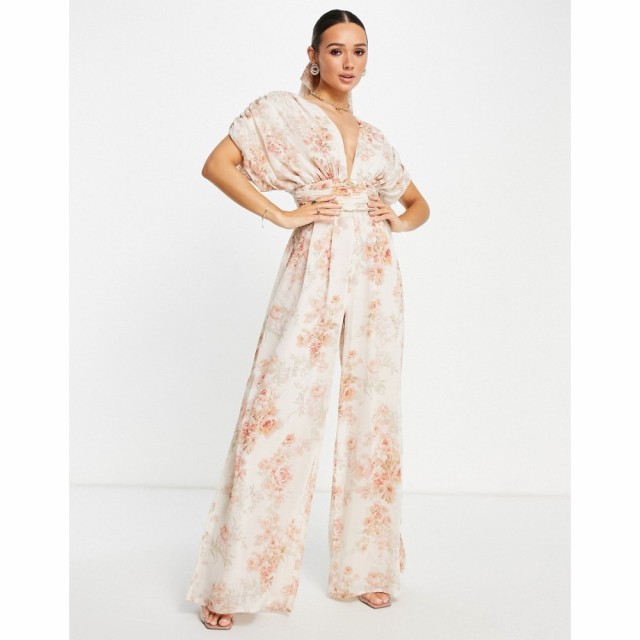 エイソス ASOS DESIGN レディース オールインワン ジャンプスーツ ワンピース・ドレス Plunge Wide Leg Jumpsuit In Wallpaper Floral Wi