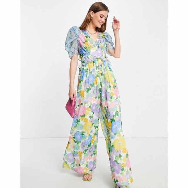 エイソス ASOS DESIGN レディース オールインワン ジャンプスーツ Big Sleeve Open Back Ruffle Jumpsuit In Mixed Floral ミックスフロ