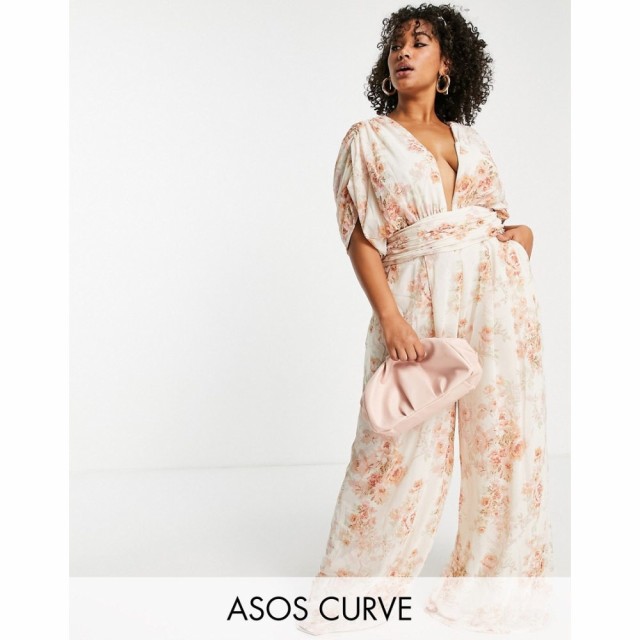 エイソス ASOS Curve レディース オールインワン ジャンプスーツ ワンピース・ドレス Curve Plunge Wide Leg Jumpsuit In Wallpaper Flor