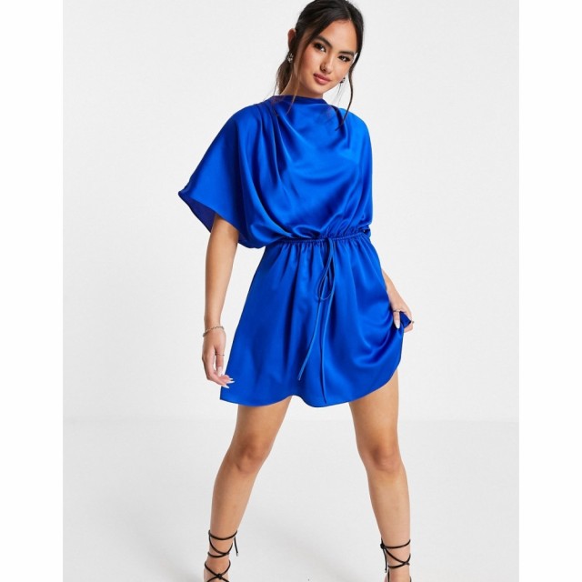 エイソス ASOS DESIGN レディース ワンピース ミニ丈 High Neck Satin Mini Dress With Ruched Dress And Button Detail In Blue コバル