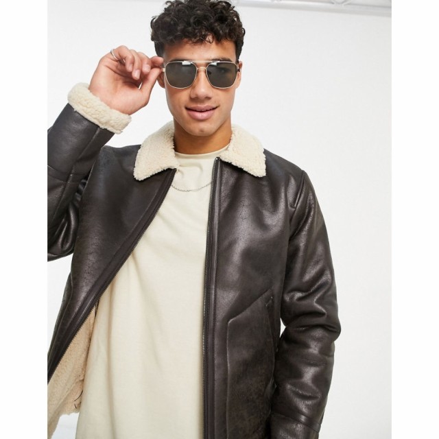 オンリーアンドサンズ Only and Sons メンズ ジャケット アウター Aviator Jacket In Brown Faux Shearling ブラウン