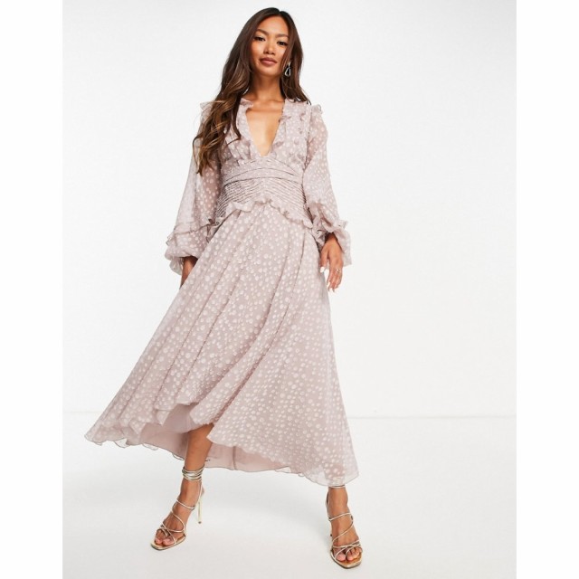 エイソス ASOS DESIGN レディース ワンピース ミドル丈 Pleat Detail Midi Dress In Jacquard Satin Spot With Tie Detail In Lilac ライ