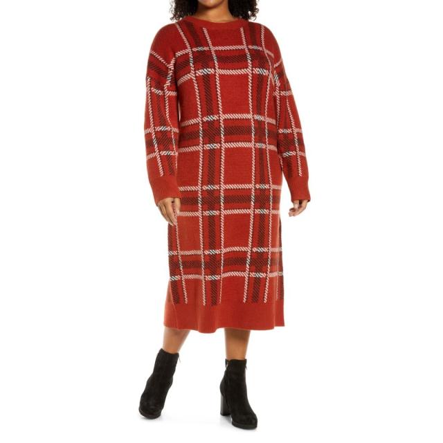 ぴったり製品 トレジャーandボンド Treasure And Bond レディース ワンピース ワンピース ドレス Plaid Cotton Blend Midi Sweater Dress Red Brown C 高 画質 Triplex Ee