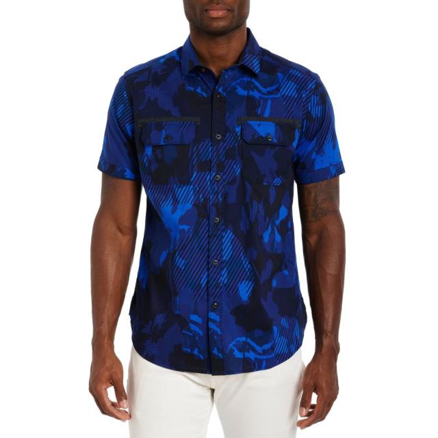 ファッションやトレンド情報 ロバートグラハム Robert Graham メンズ 半袖シャツ トップス Bootlegger Stretch Print Short Sleeve Button Up Shirt Navy 最も人気のある製品 Aman Org Np