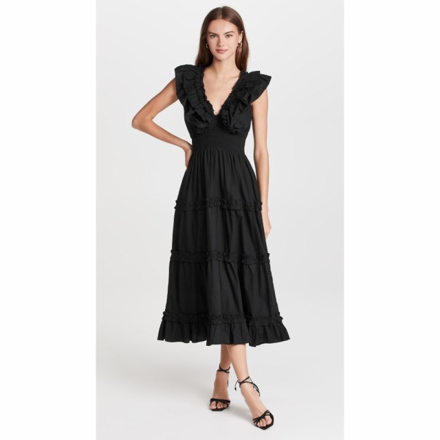 ラブ ザ レーベル Love The Label レディース ワンピース Vネック ミドル丈 ワンピース・ドレス Black Poplin V Neck Ruffle Midi Dress