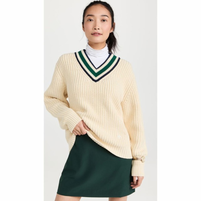 トリー バーチ Tory Sport レディース ニット・セーター Vネック トップス Cotton Ribbed Chevron V Neck Sweater New Ivory/Evergreen