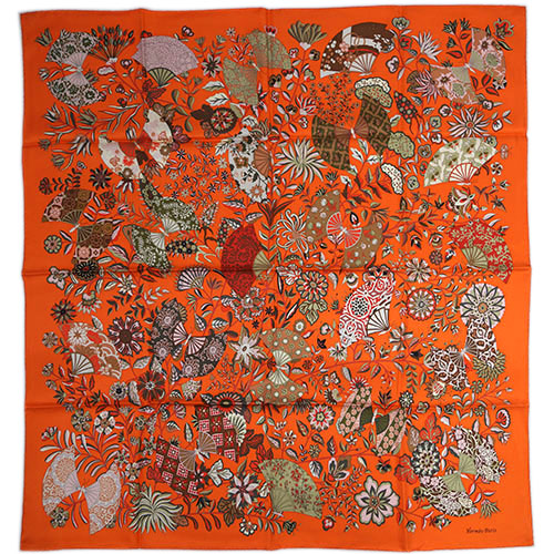 エルメス スカーフ 正規逆輸入品 Hermes ソルド カレ ツイル シルク100 90cms Fleurs カーキ Et レッド オレンジ De Papillons Tissus