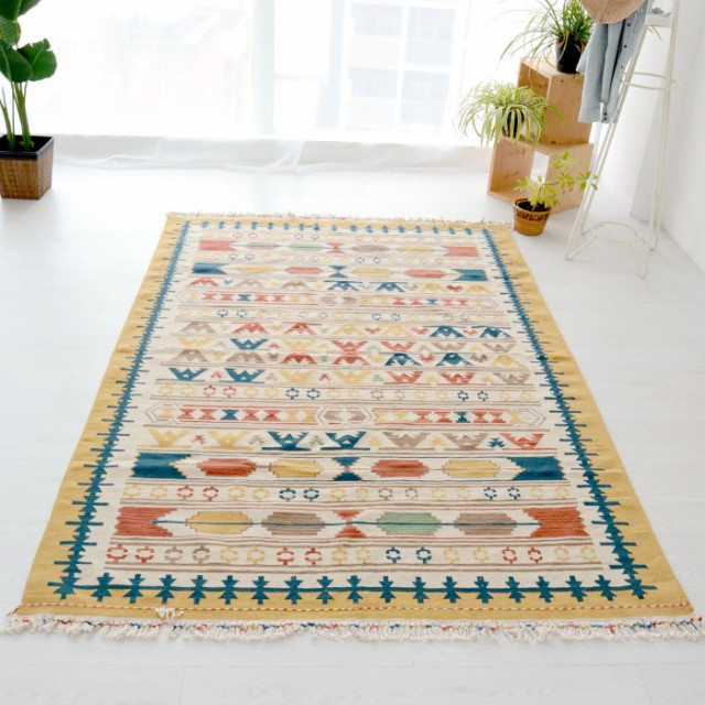 ウールキリム 平織りラグ カーペット ギャベ ギャッベ 約140cm×200cm ラグカーペット絨毯 じゅうたん エスニック 幾何学模様