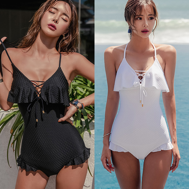 人気定番 水着 ワンピース フリル リボン トライアングル レディース セクシー 黒 白 27 ファイナルバーゲン Themarketleaders Co Il