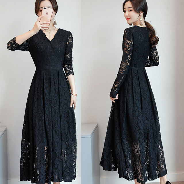 還元祭 ドレス レース フレア ワンピース ロング丈 長袖 黒 ピンク 大きいサイズ 週間ランキング１位獲得